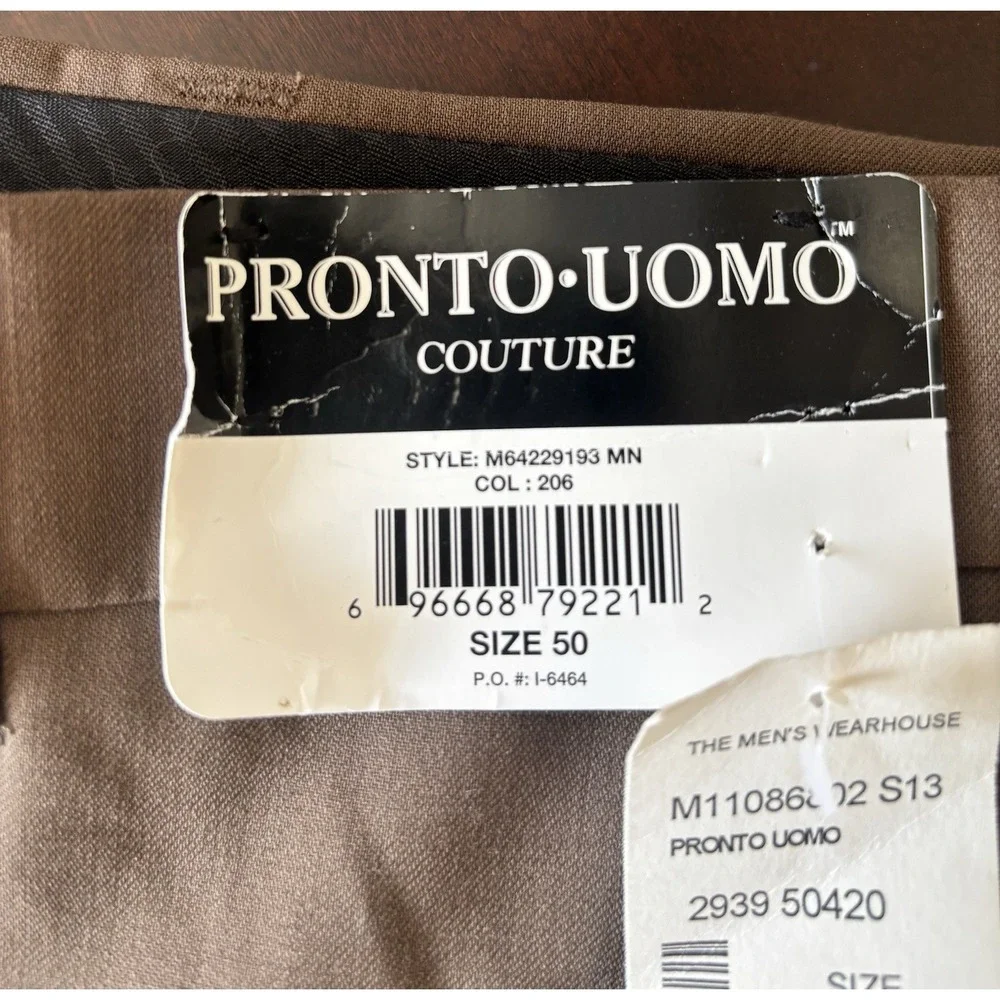 Pronto Uomo Men's Couture Suit Dress Pant 100% Wool‎ 50x36 Brown Unhemmed $169